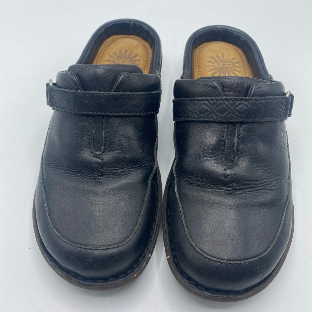 UGG Leather Clogs Mule F8910E Slides Heel Fur Lining USA 7 Snap Detail Rubber